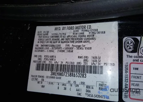 2008 Mercury Milan I4 from USA, damaged, VIN 3MEHM07Z58R653283